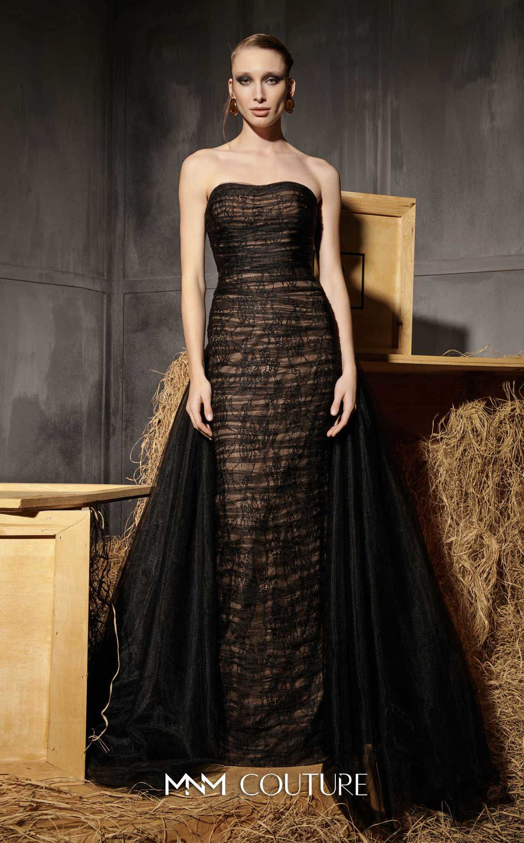 MNM Couture N0656 Strapless Sweetheart Ruched Column Evening Gown with Back Overskirt