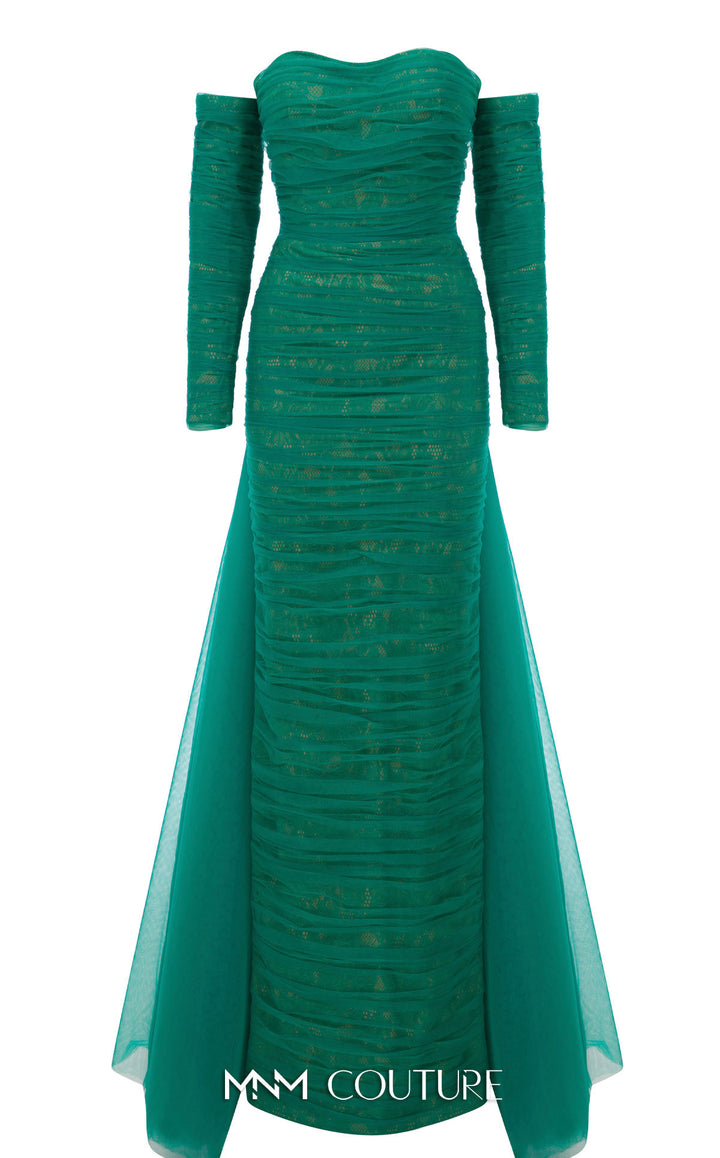 MNM Couture N0656 Strapless Sweetheart Ruched Column Evening Gown with Back Overskirt