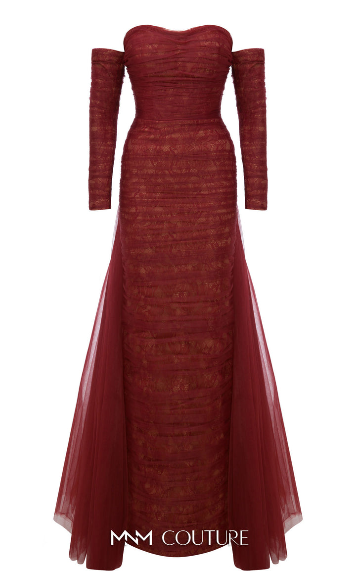 MNM Couture N0656 Strapless Sweetheart Ruched Column Evening Gown with Back Overskirt