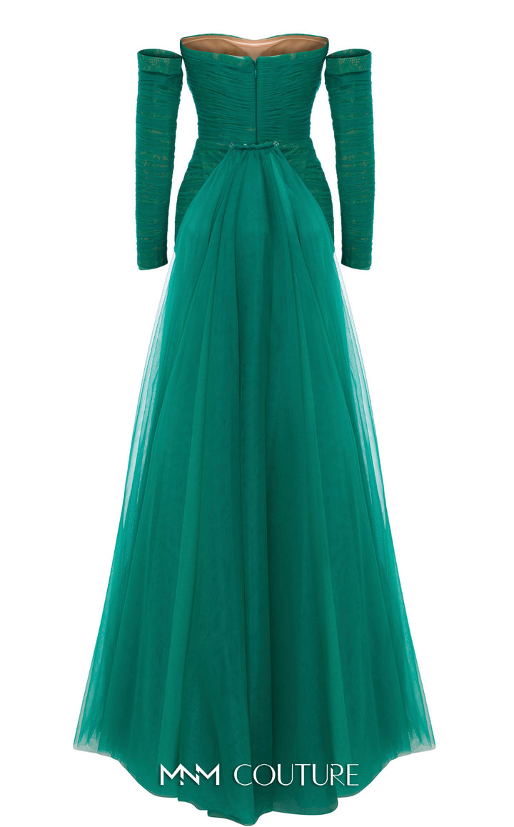 MNM Couture N0656 Strapless Sweetheart Ruched Column Evening Gown with Back Overskirt