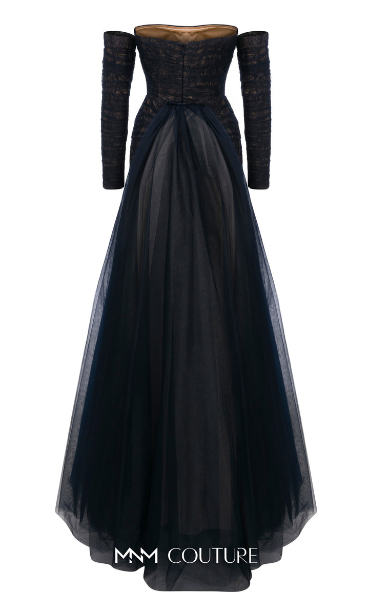 MNM Couture N0656 Strapless Sweetheart Ruched Column Evening Gown with Back Overskirt
