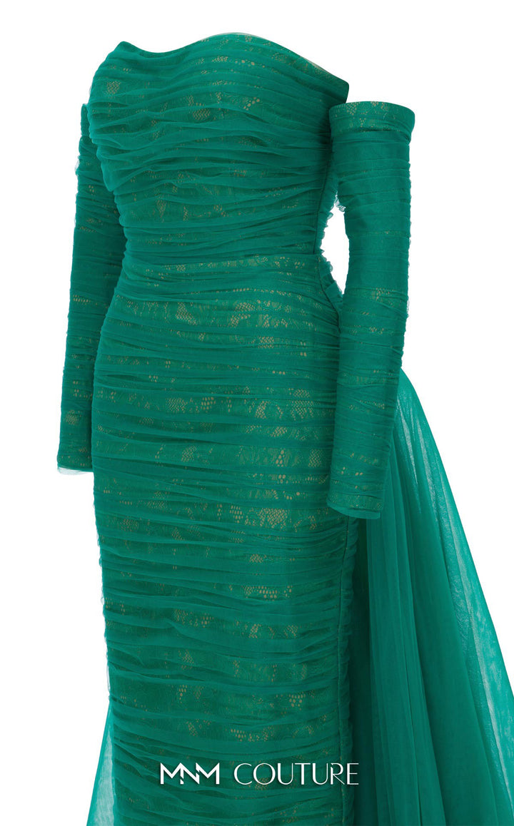MNM Couture N0656 Strapless Sweetheart Ruched Column Evening Gown with Back Overskirt
