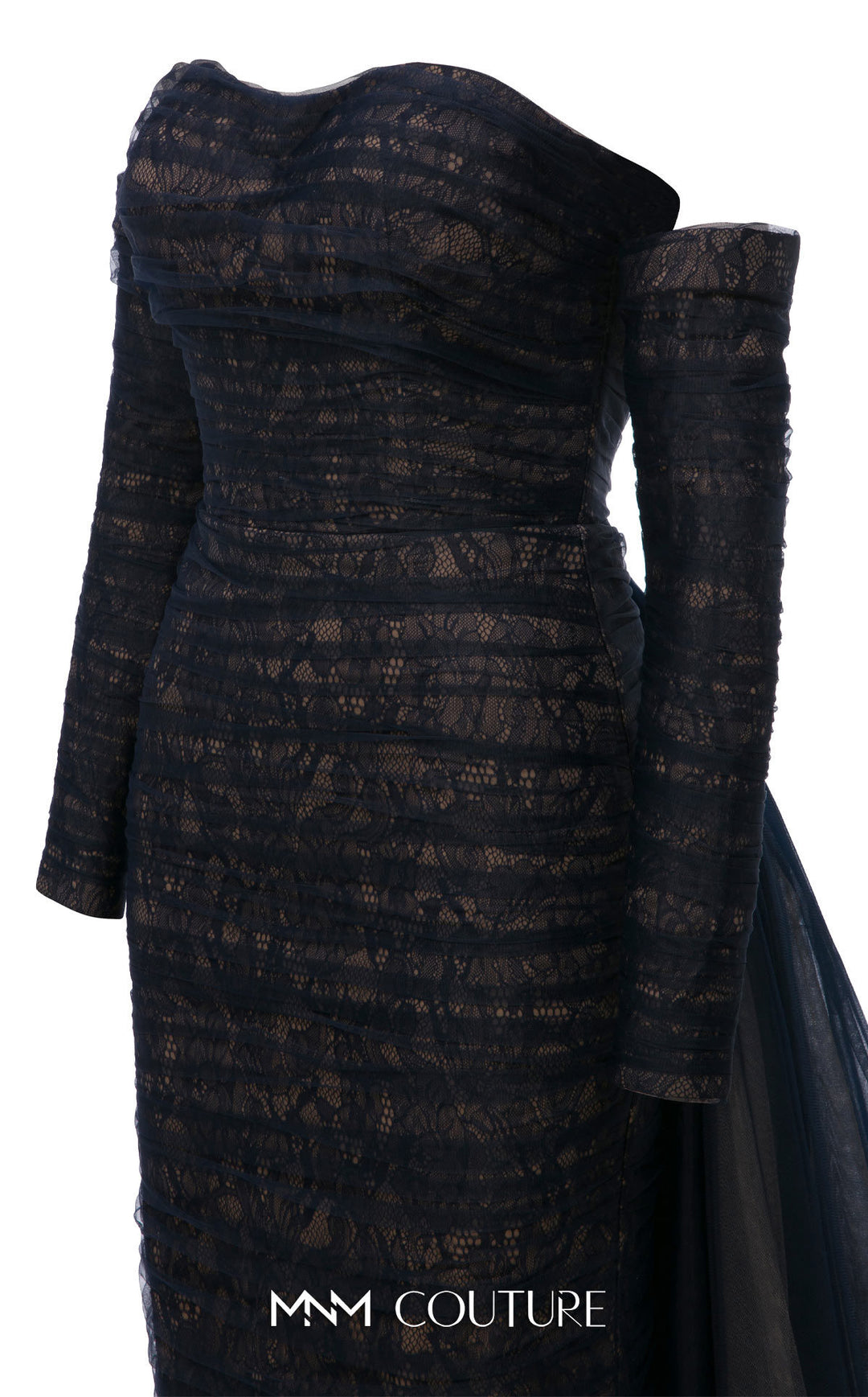 MNM Couture N0656 Strapless Sweetheart Ruched Column Evening Gown with Back Overskirt