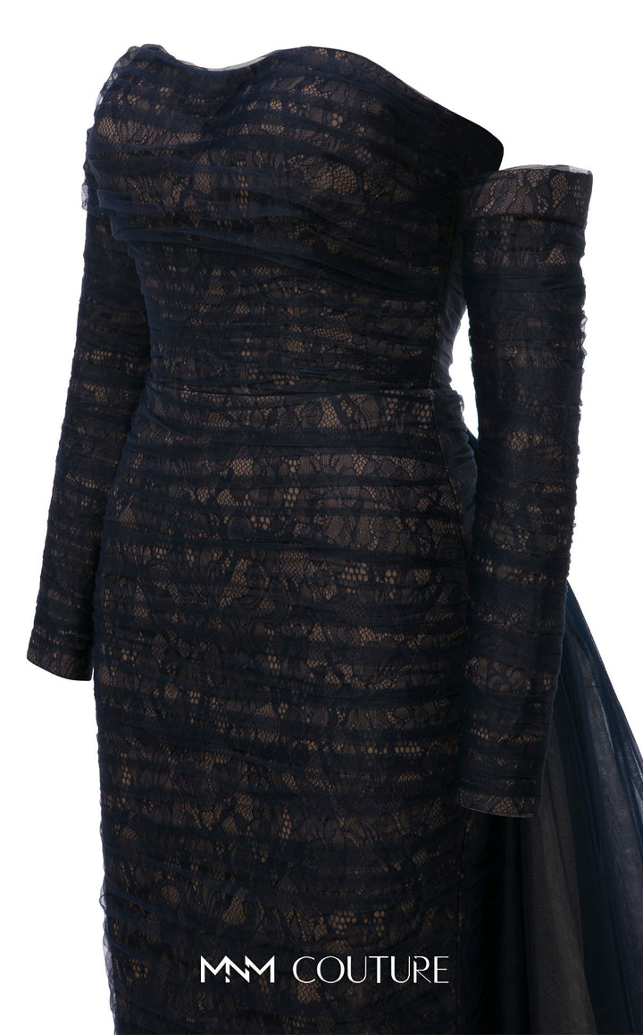 MNM Couture N0656 Strapless Sweetheart Ruched Column Evening Gown with Back Overskirt