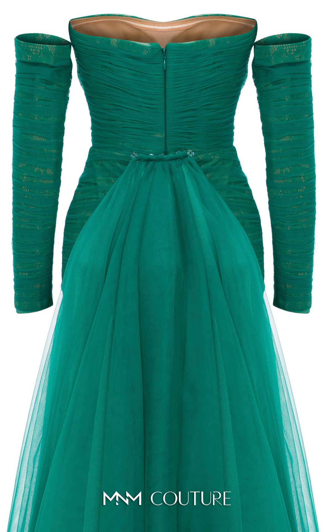 MNM Couture N0656 Strapless Sweetheart Ruched Column Evening Gown with Back Overskirt