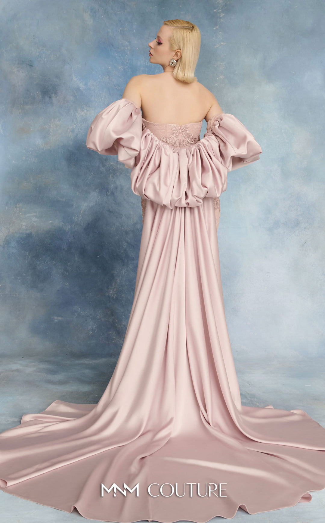 MNM Couture N0731 gown, back view with overlay