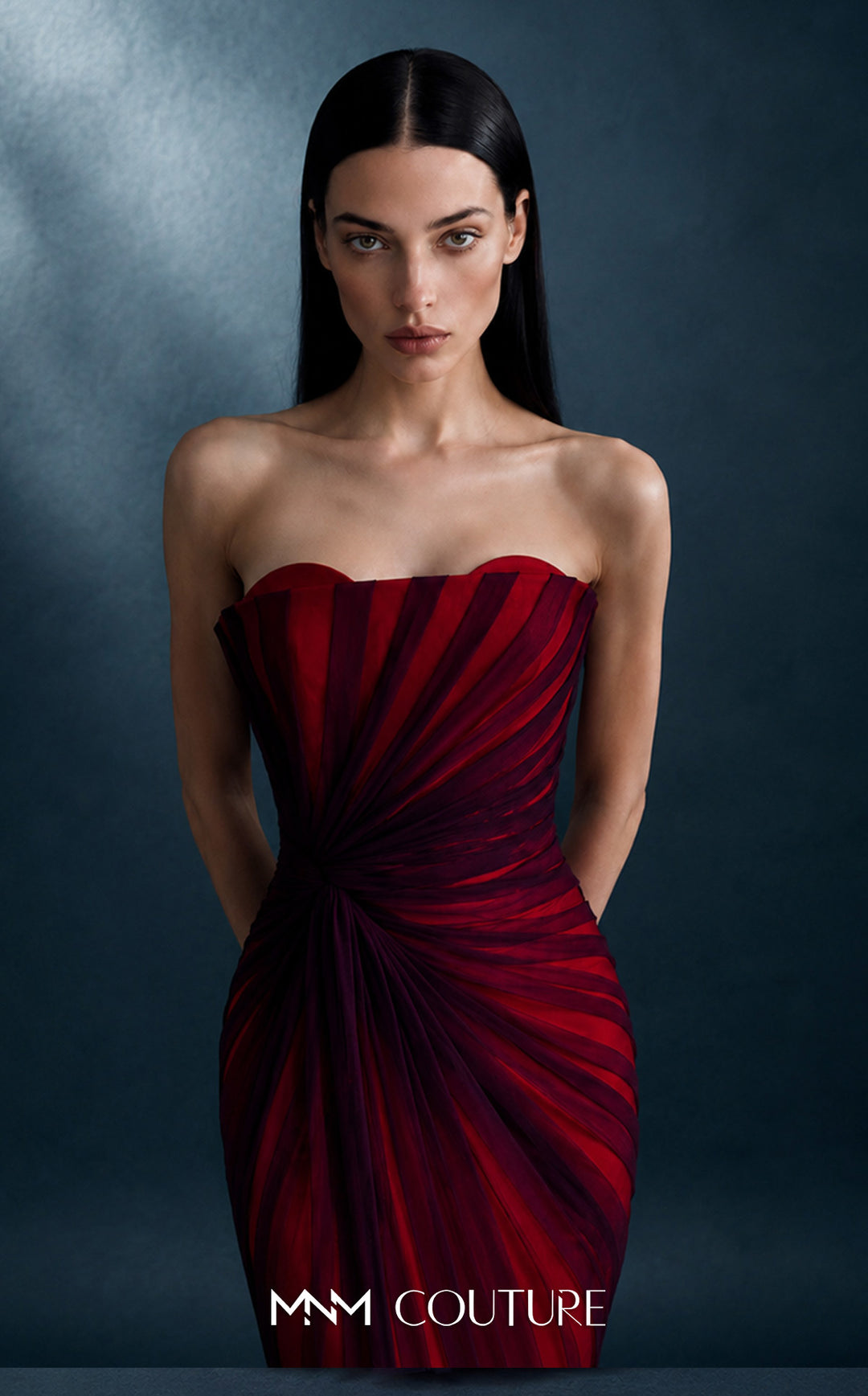 MNM Couture N0754 evening gown, pleated bodice and knot detail