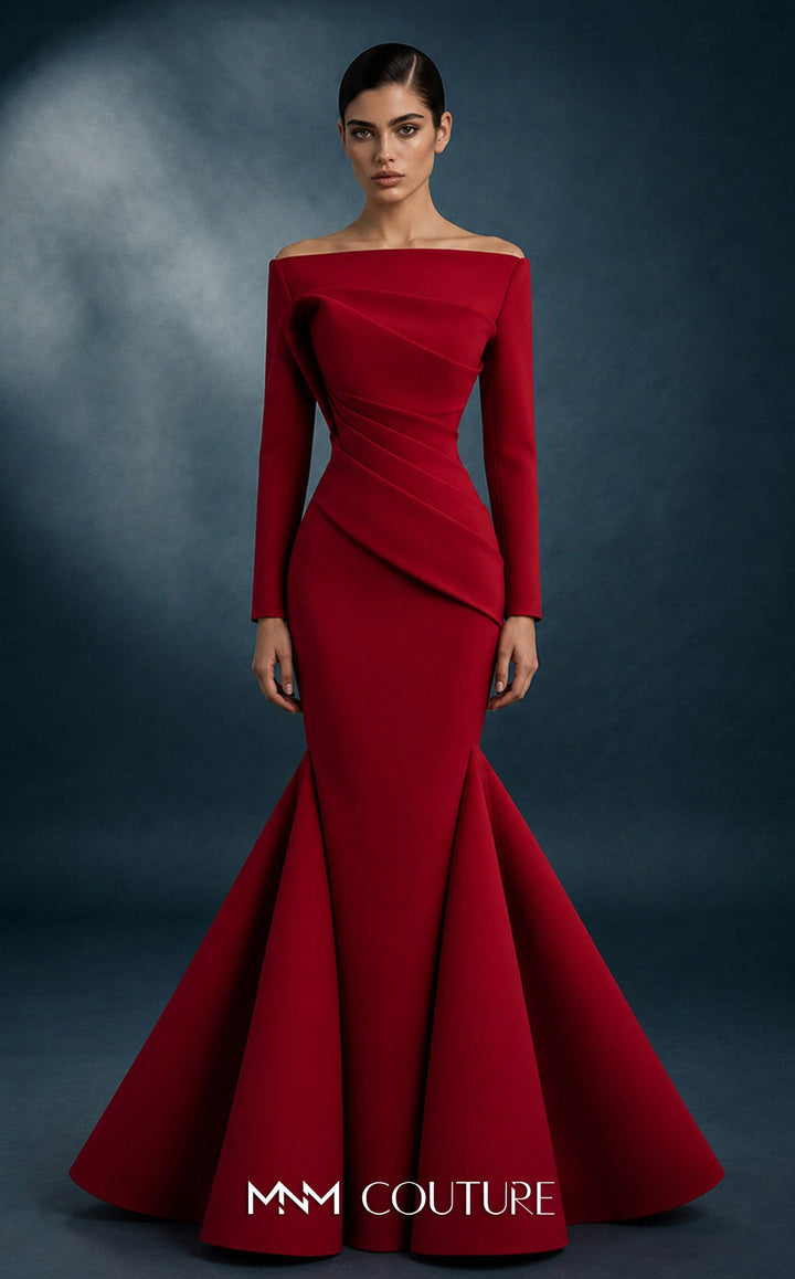 MNM Couture N0761 Off-the-Shoulder Fitted-Sleeve Mermaid Couture Dress