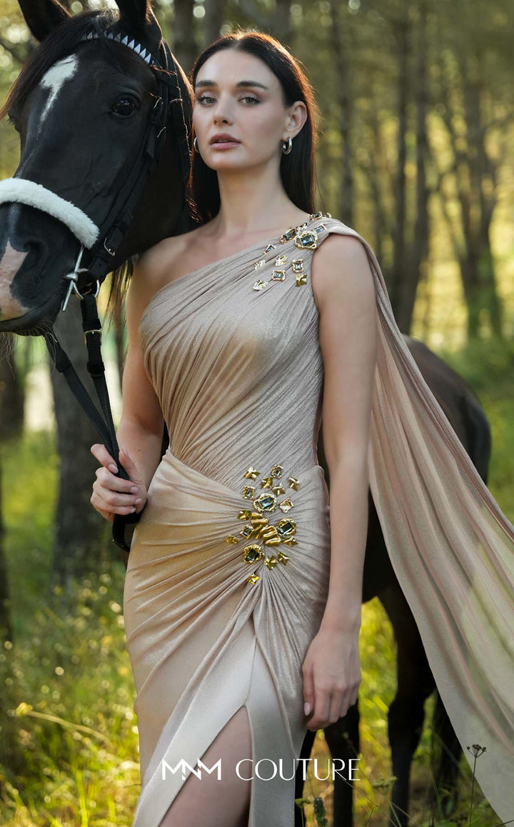 MNM Couture O07923 evening gown, draped bodice and jeweled brooch detail