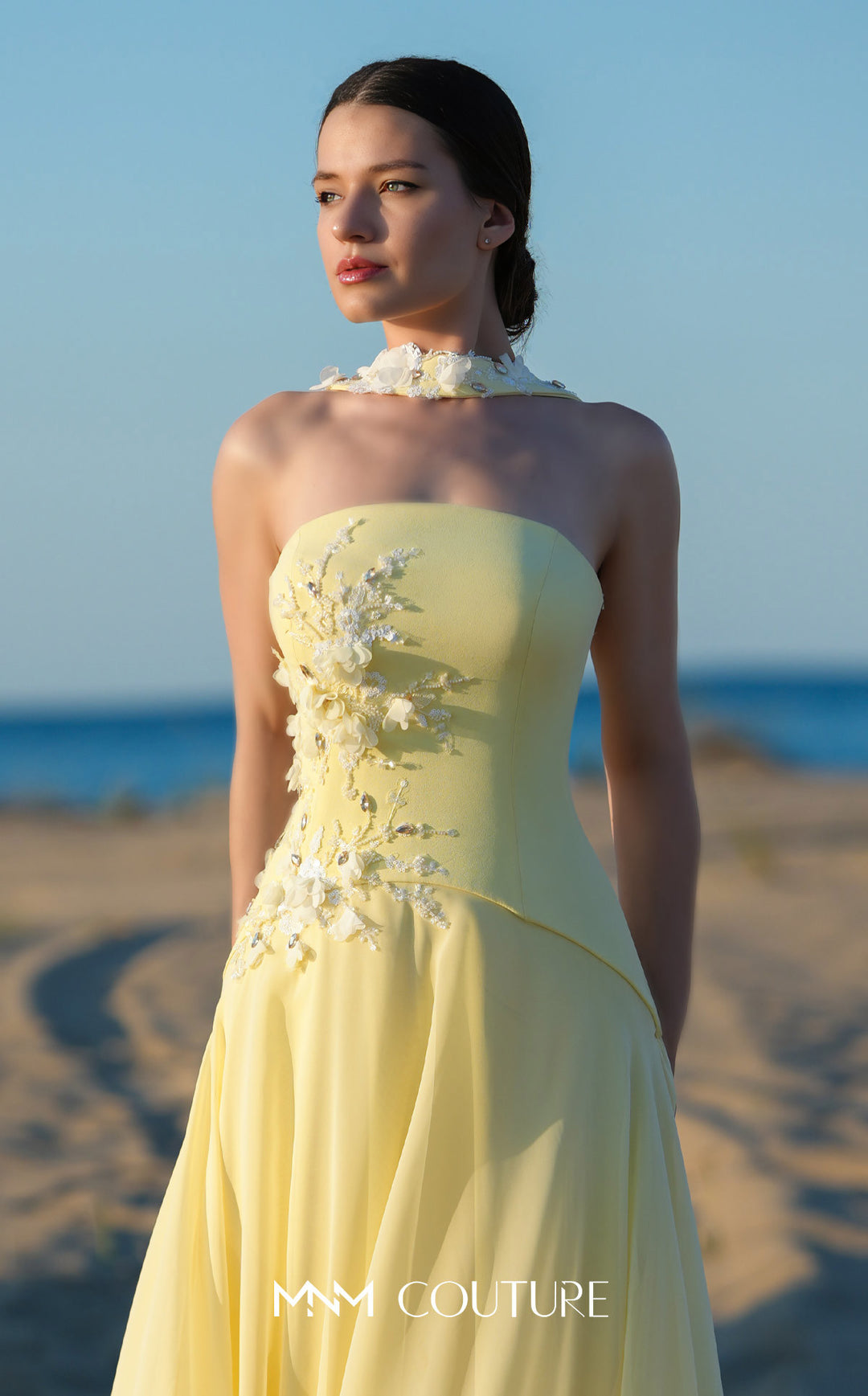 MNM Couture O09001 evening gown, floral collar and bodice detail
