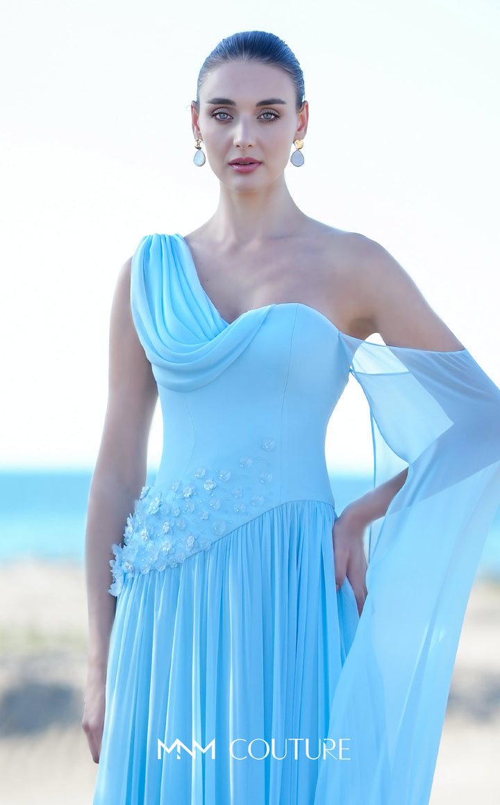 MNM Couture O09003 evening gown, draped bodice and floral appliqué detail