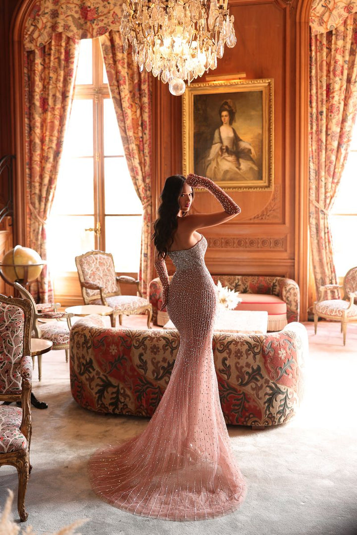 Chic & Holland EW990077 Sweetheart Illusion Bodice Fully Beaded Matching Gloves Evening Dress