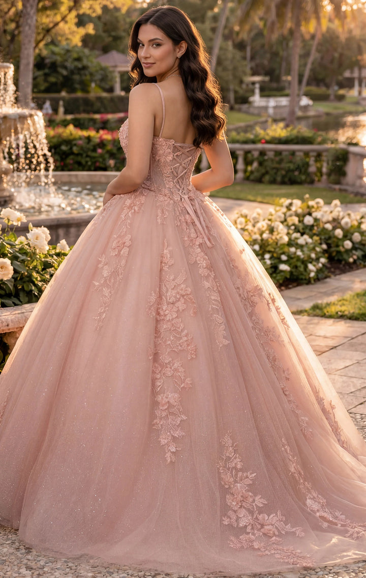 JovaniQ43431 Rose Gold Quinceañera Dress with Floral Appliques