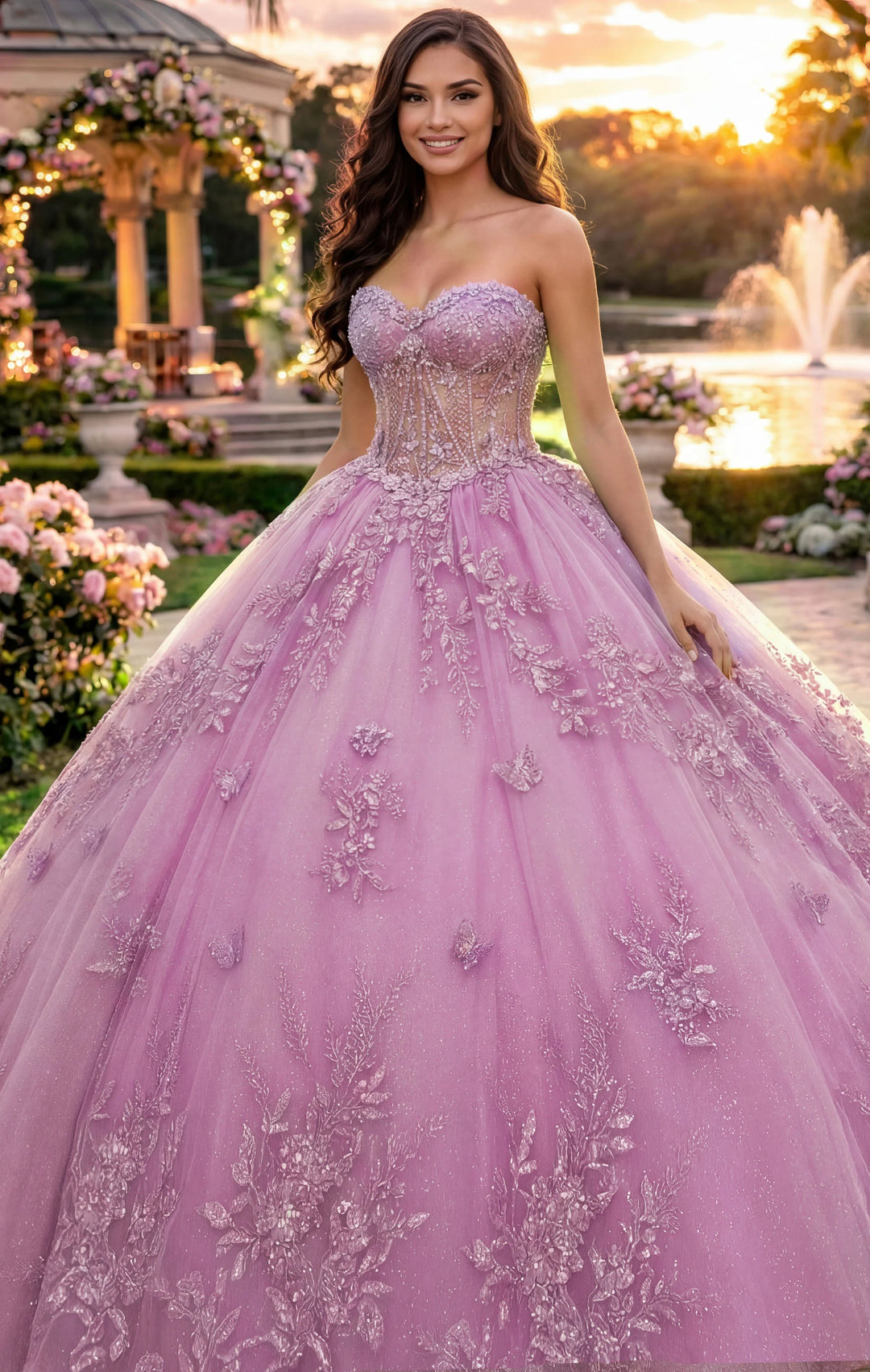 Jovani Q43812 Strapless Lavender Ball Gown with Floral Lace