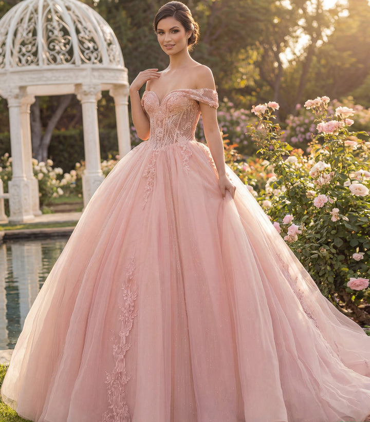 Jovani Q44558 Elegant Off Shoulder Lace Corset Ball Gown