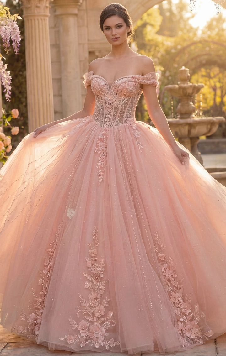 Jovani Q44558 Elegant Off Shoulder Lace Corset Ball Gown