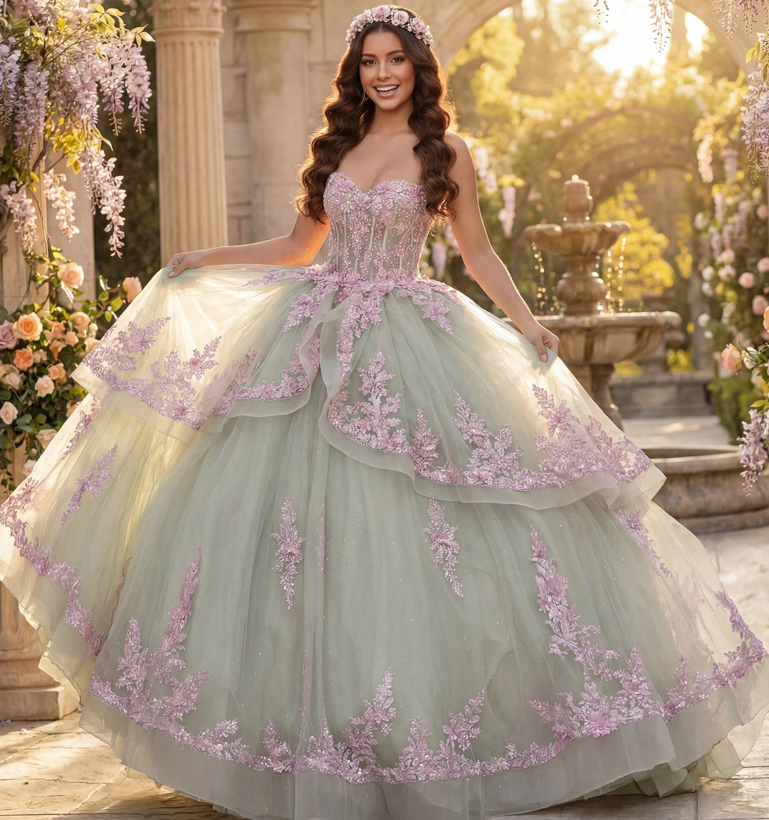 Jovani Q45685 Layered Green Ball Gown with Pink Floral Appliqués