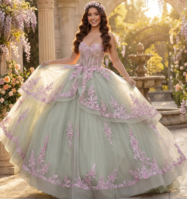 Jovani Q45685 Layered Green Ball Gown with Pink Floral Appliqués