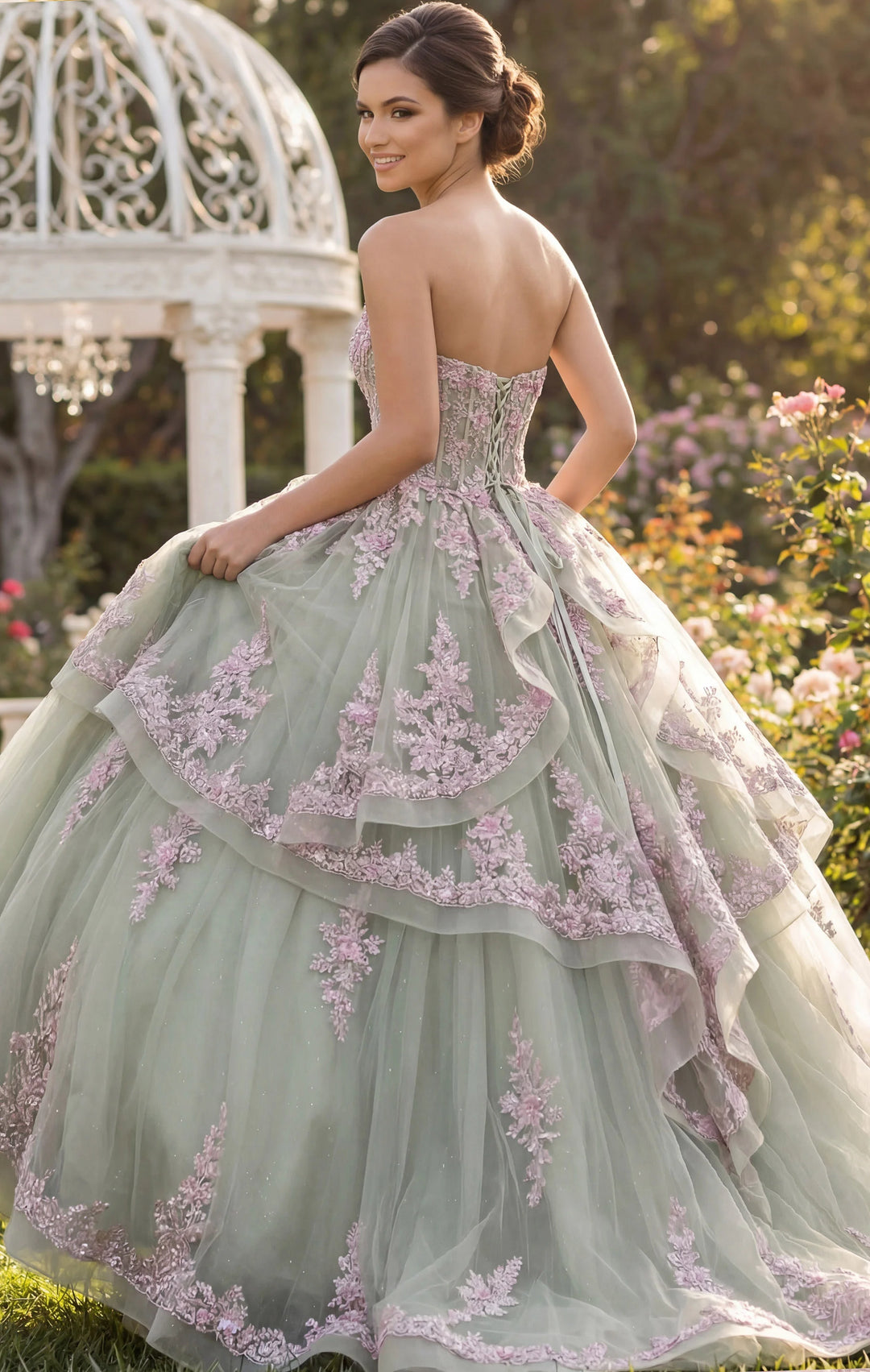 Jovani Q45685 Layered Green Ball Gown with Pink Floral Appliqués
