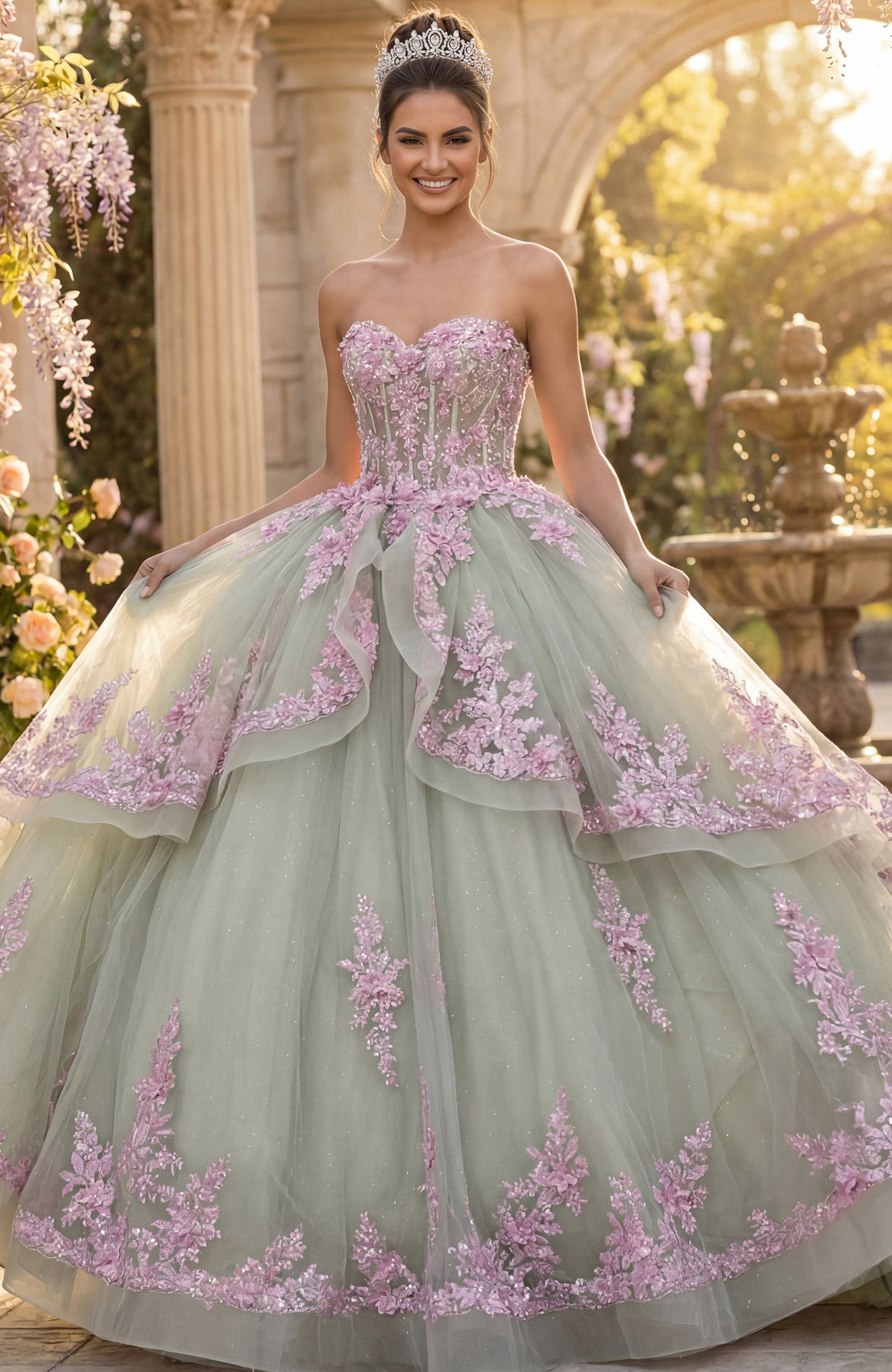 Jovani Q45685 Layered Green Ball Gown with Pink Floral Appliqués