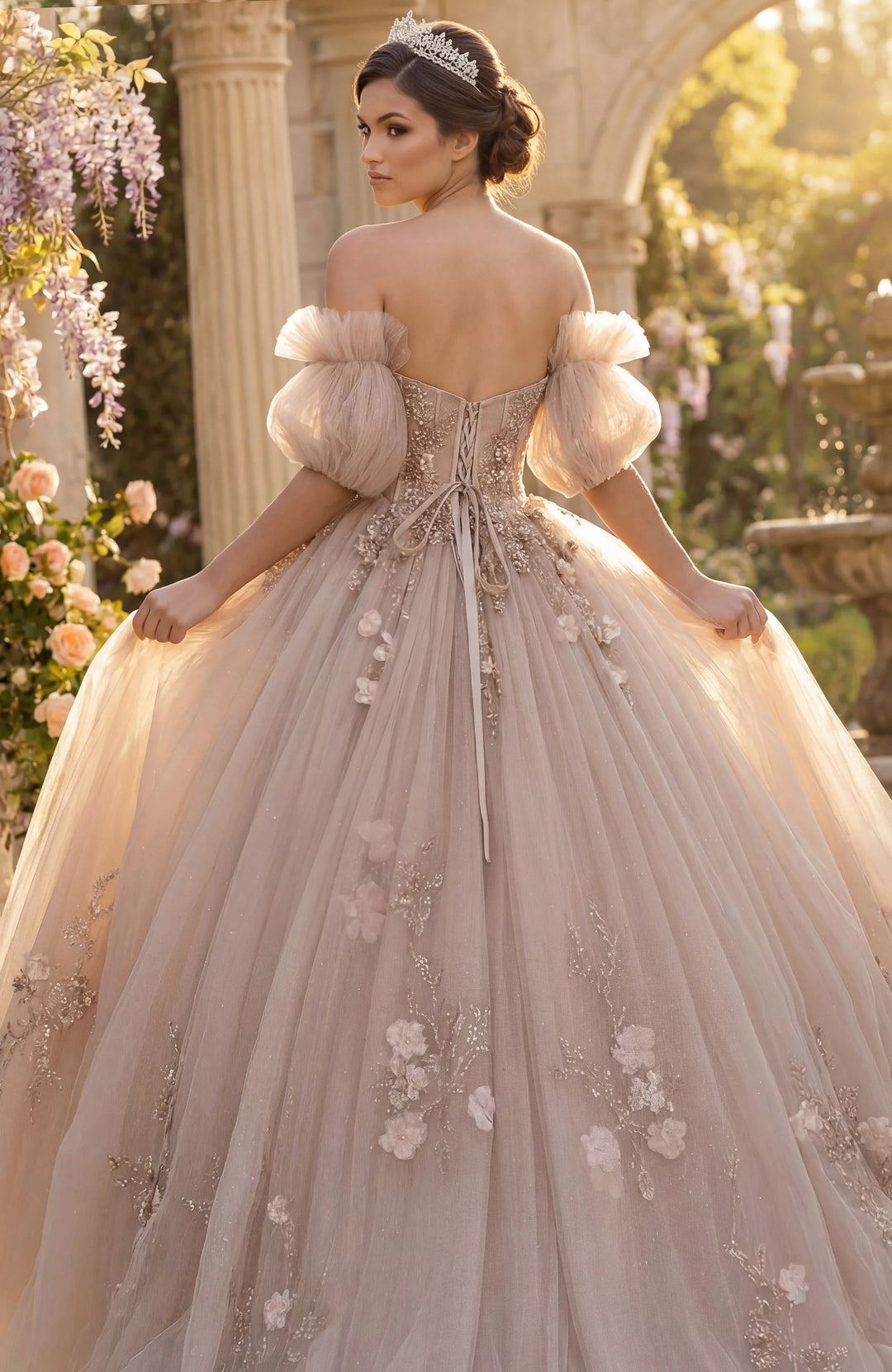 Jovani Q46662 Ball Gown with Puff Sleeves and Floral Embroidery