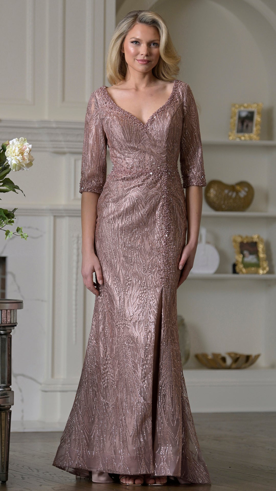 Rina Di Montella RD3530-1 V-Neck Fit-and-Flare Mother of the Bride Dress - front view