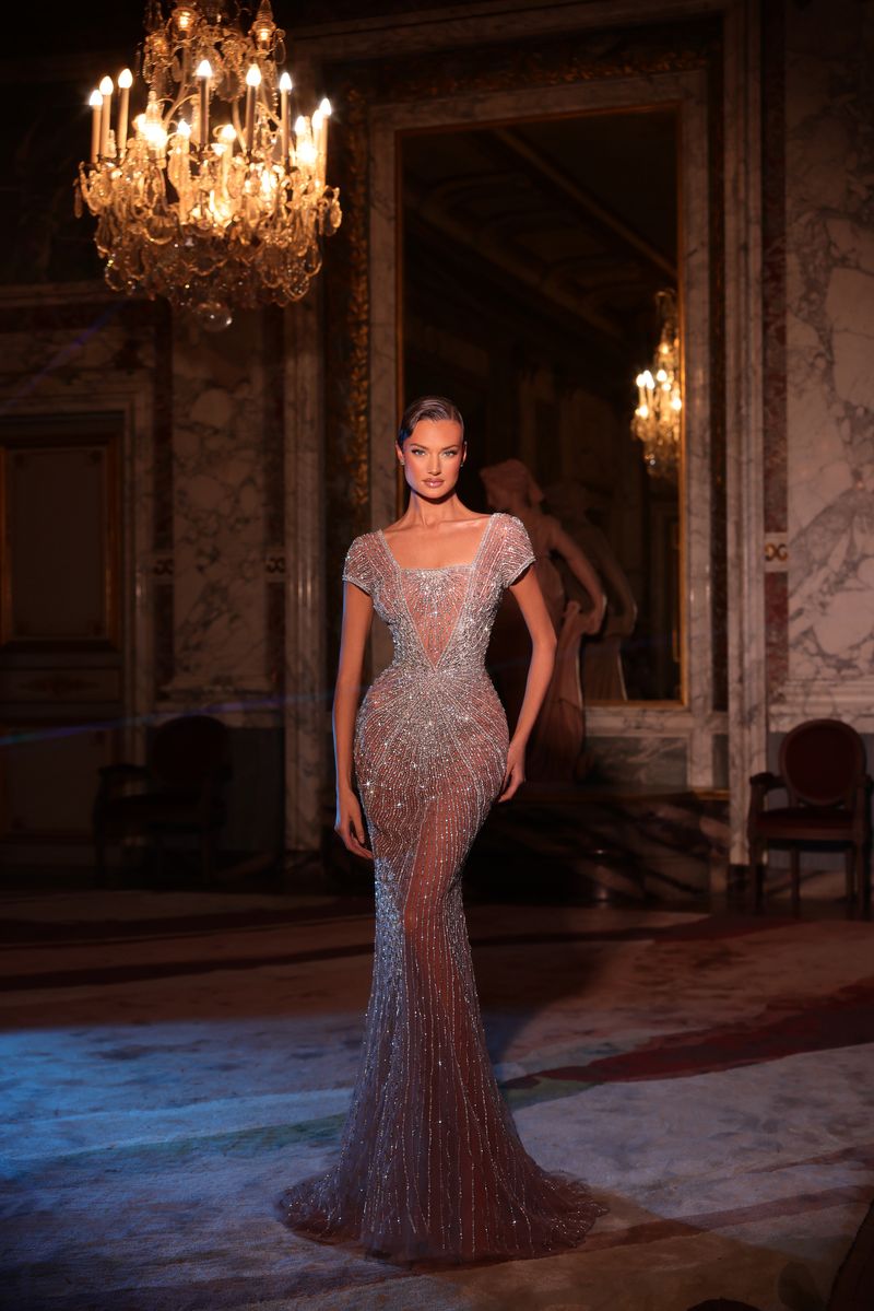 Chic & Holland HF110626 Square Neckline Cap Sleeves Plunging Illusion Linear Beaded Sheath Couture Dress