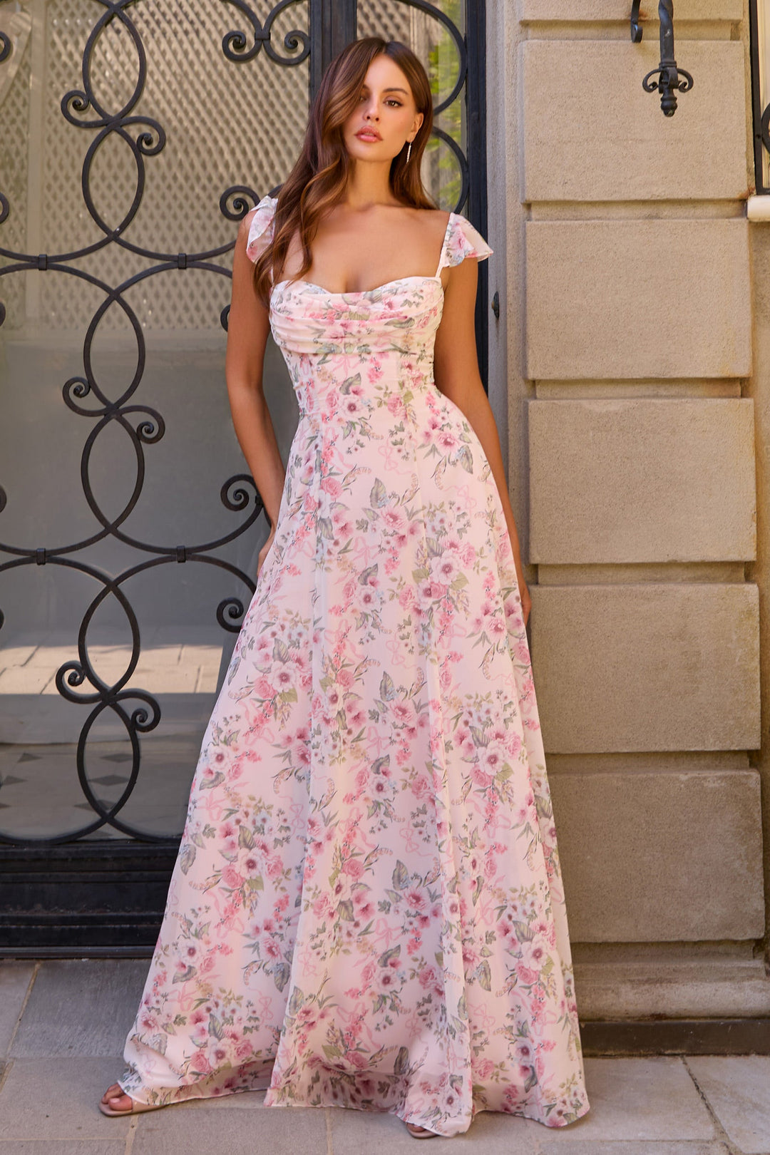 Amoris T749 Floral Chiffon A-Line Dress