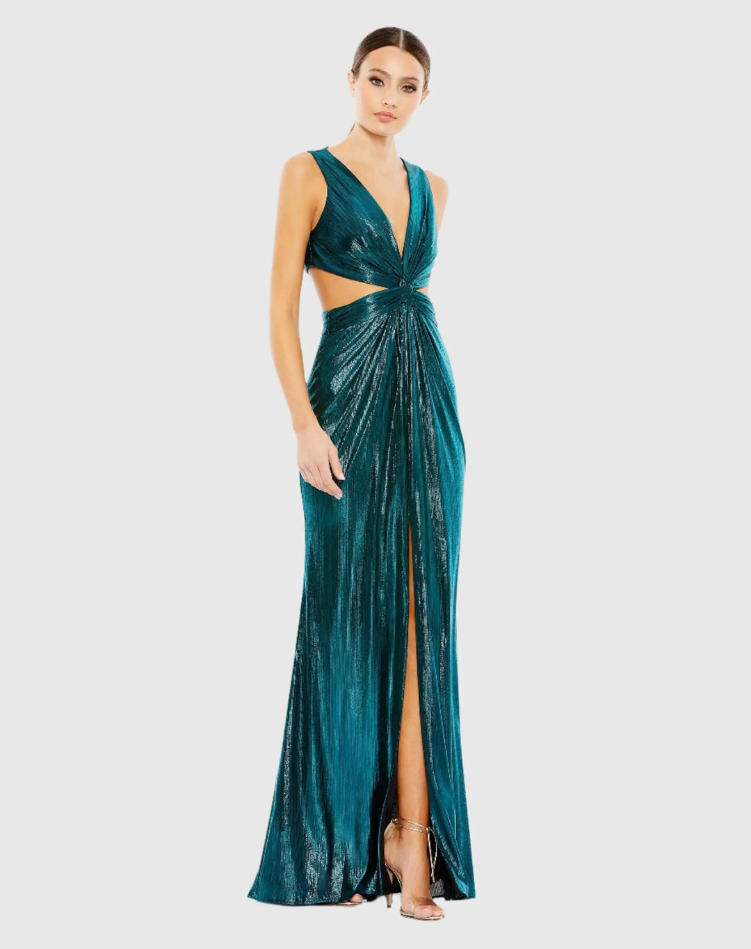 Mac Duggal 26733 Metallic Cut Out Gown with High Slit - FINAL SALE