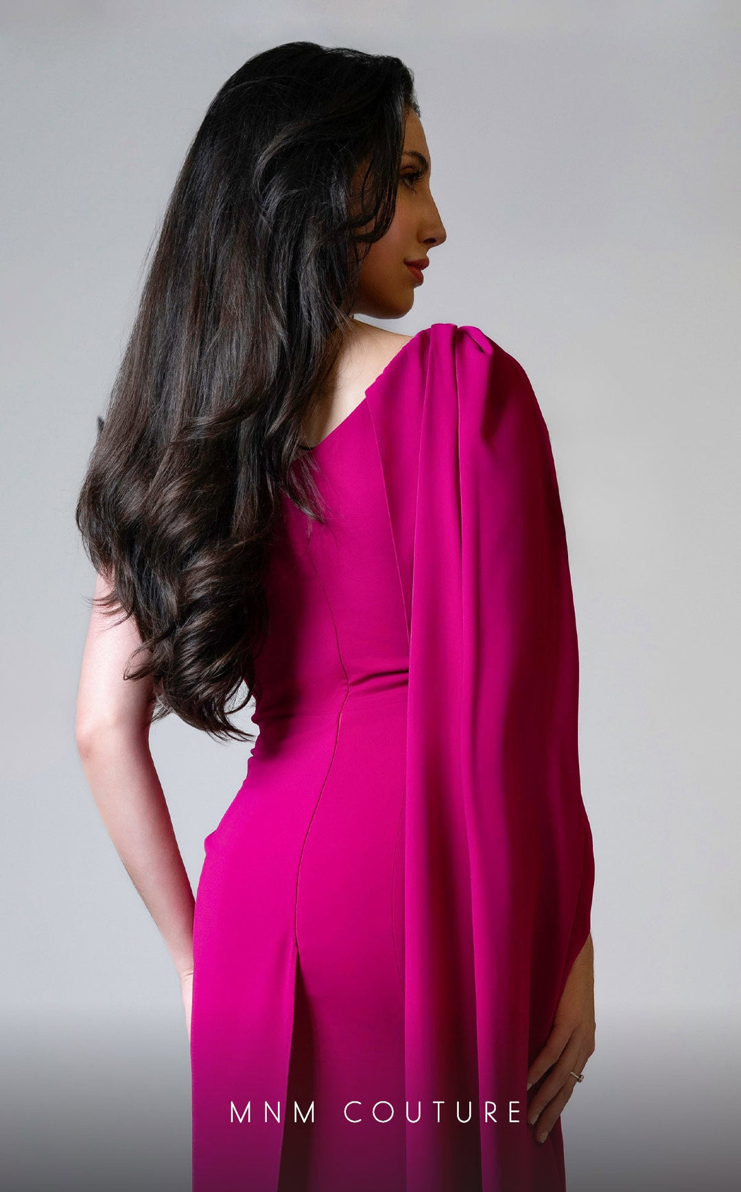 MNM Couture V02029A : Asymmetrical Rayon Crepe Gown with Waist Embellishments - FOSTANI.com