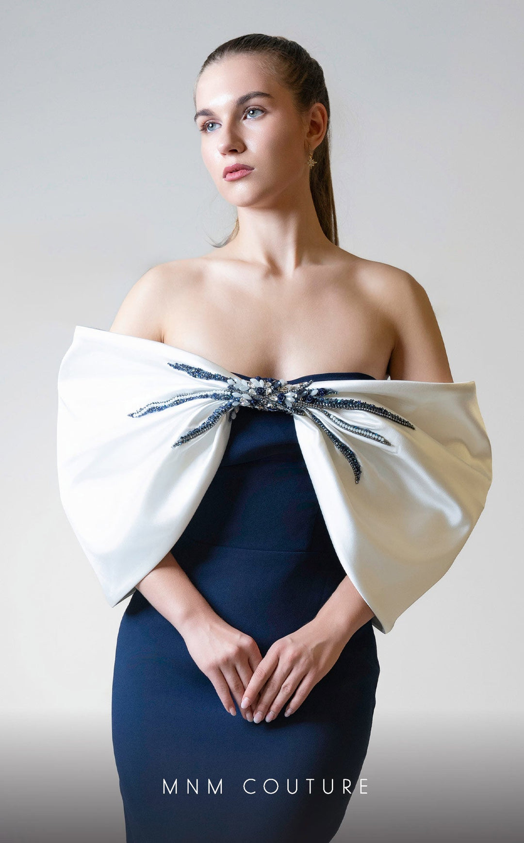 MNM Couture V07508 : Cap Sleeve Satin two colors Gown with Bow - FOSTANI.com