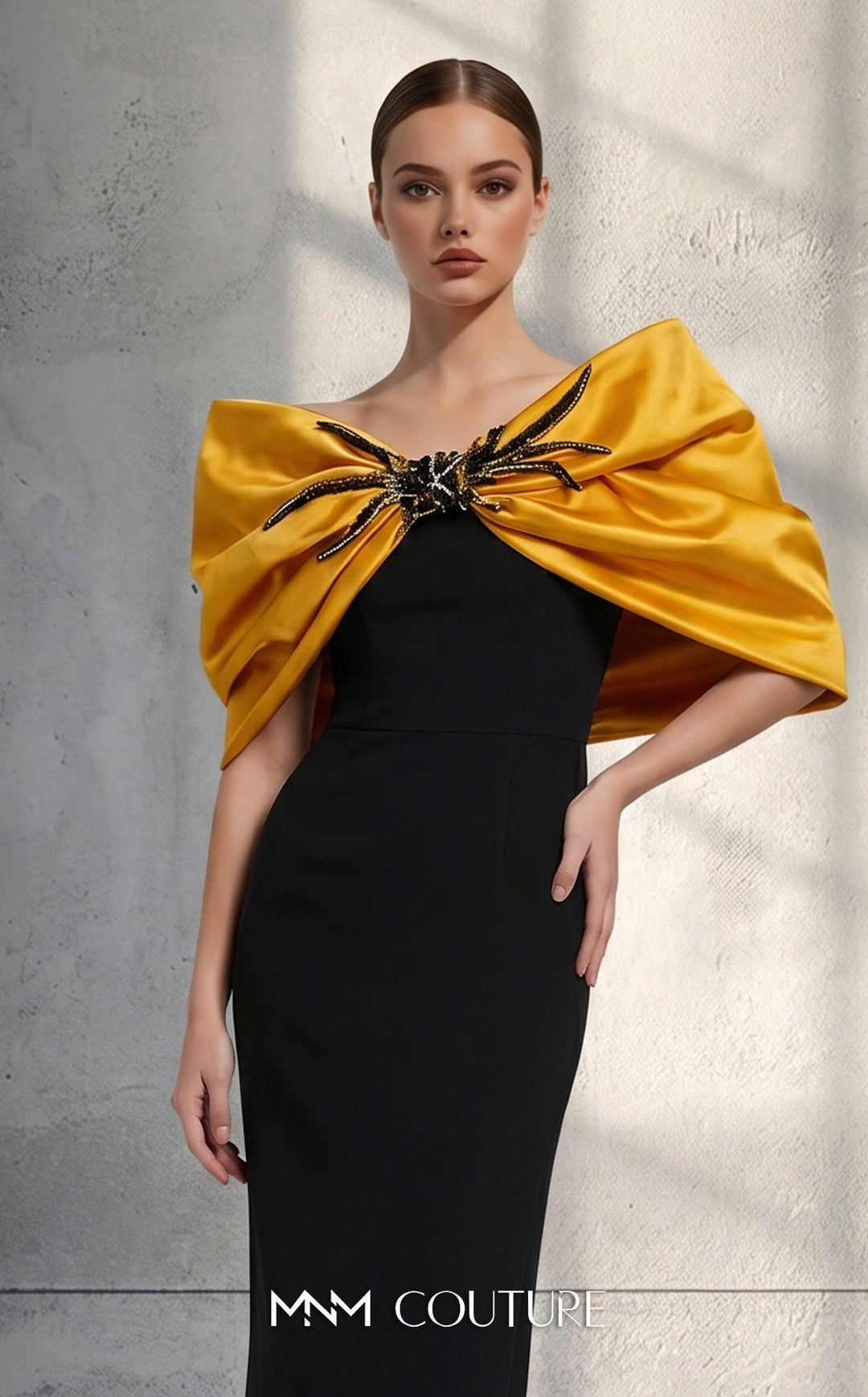 MNM Couture V07508 : Cap Sleeve Satin two colors Gown with Bow - FOSTANI.com
