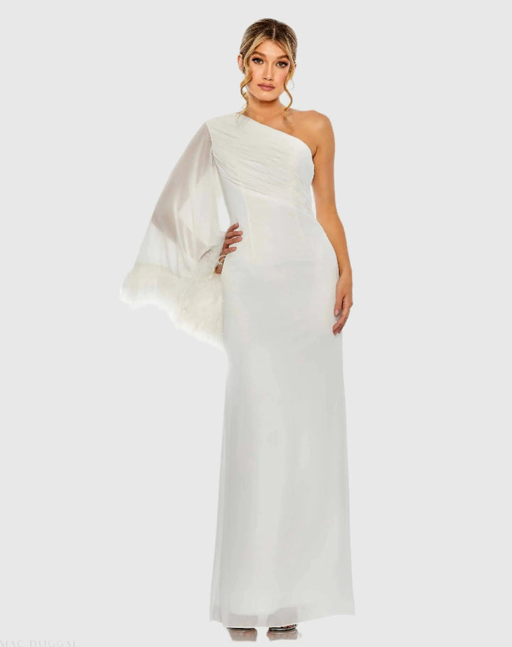 Mac Duggal 11442 Feather Cuff One Shoulder Ruched Gown