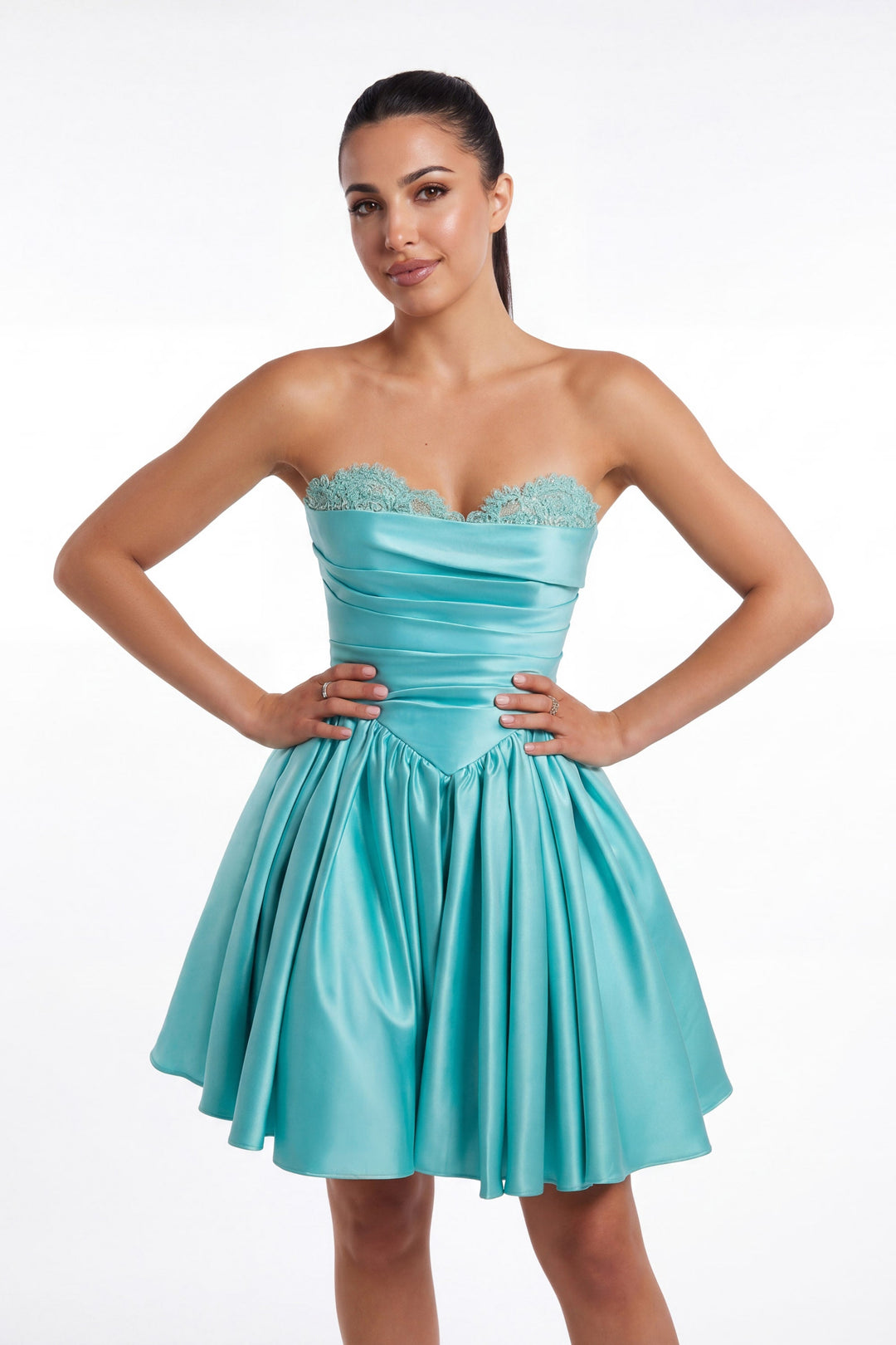 Portia & Scarlett XO215 draped sweetheart A-line homecoming dress alternate front view 2