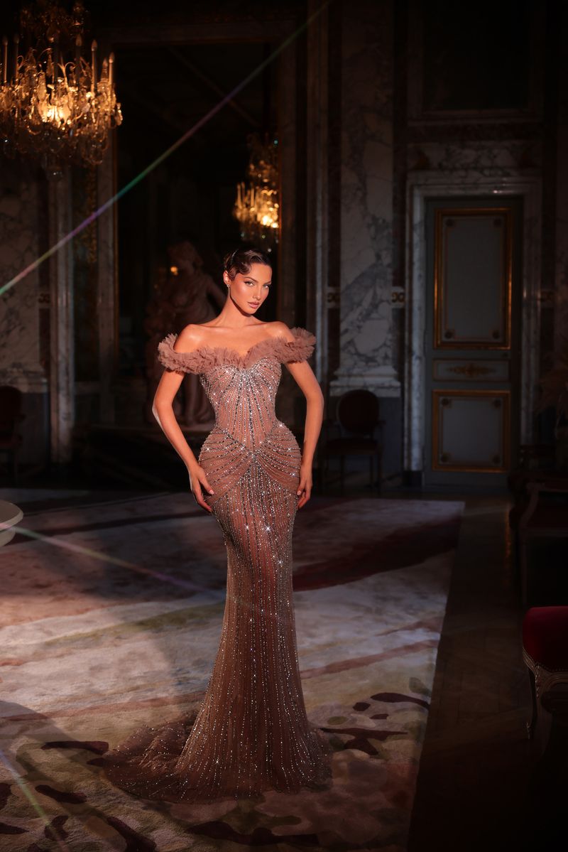 Chic & Holland HF110629 Off Shoulder Ruffle Trim Starburst Linear Beaded Sheath Couture Dress