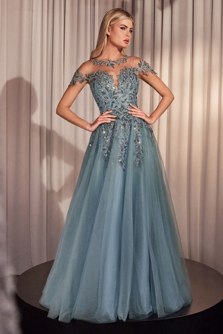 Andrea & Leo A1475 Couture Illusion Neck Cap Sleeve Embellished A-Line Ball Gown