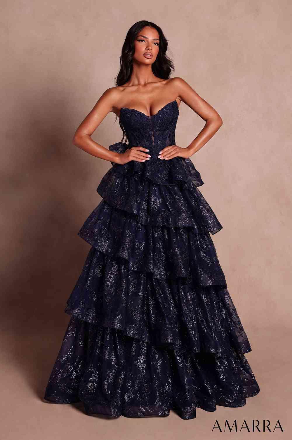 Amarra 89836 floral motif tiered prom gown front view