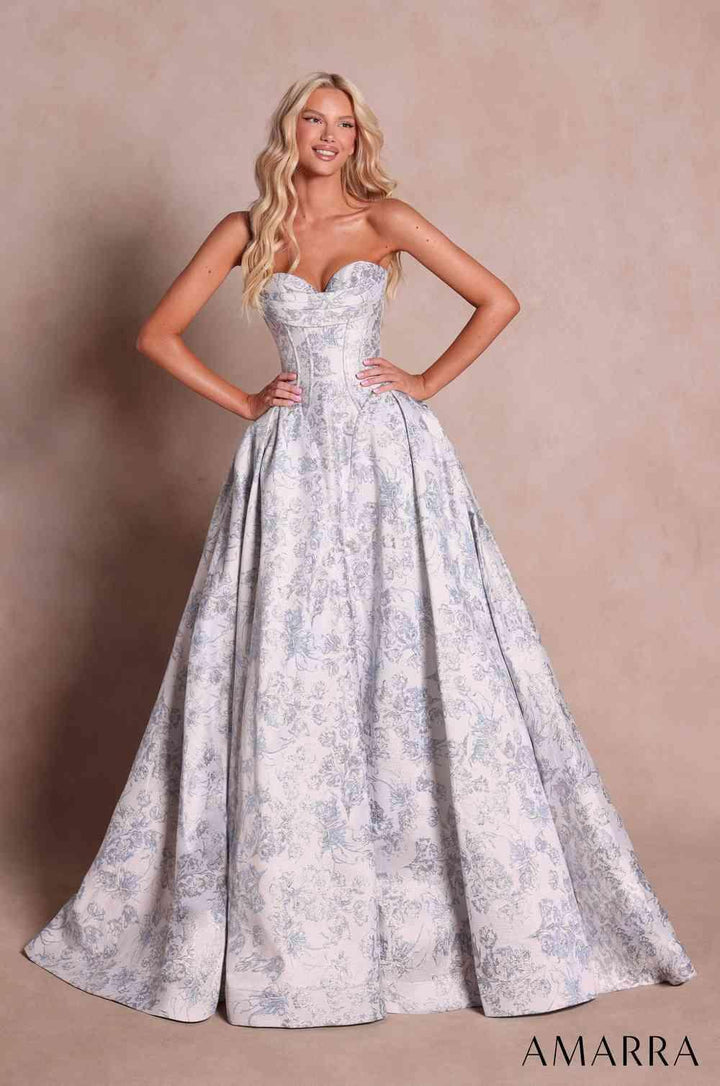 Amarra 89839 sweetheart corset printed gown front view