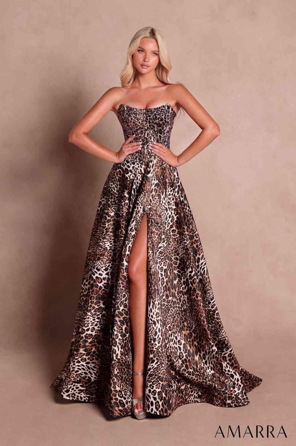 Amarra 89857 animal print strapless evening gown front view