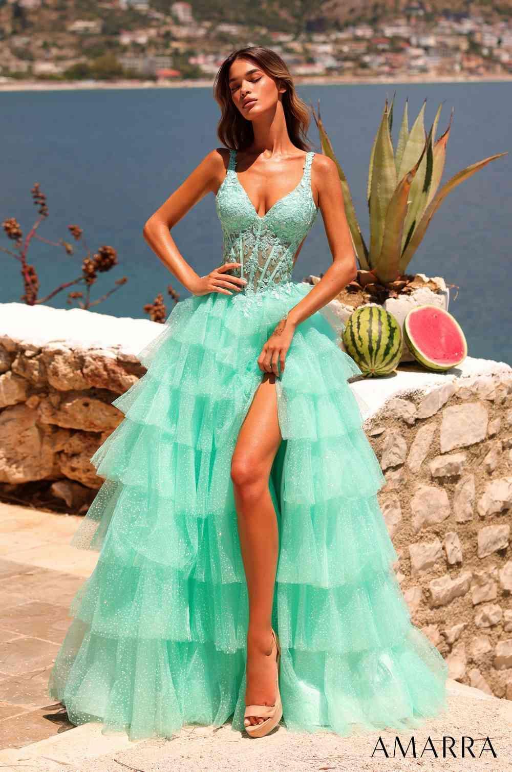 Amarra 89860 V-neck tiered prom ball gown with slit front view