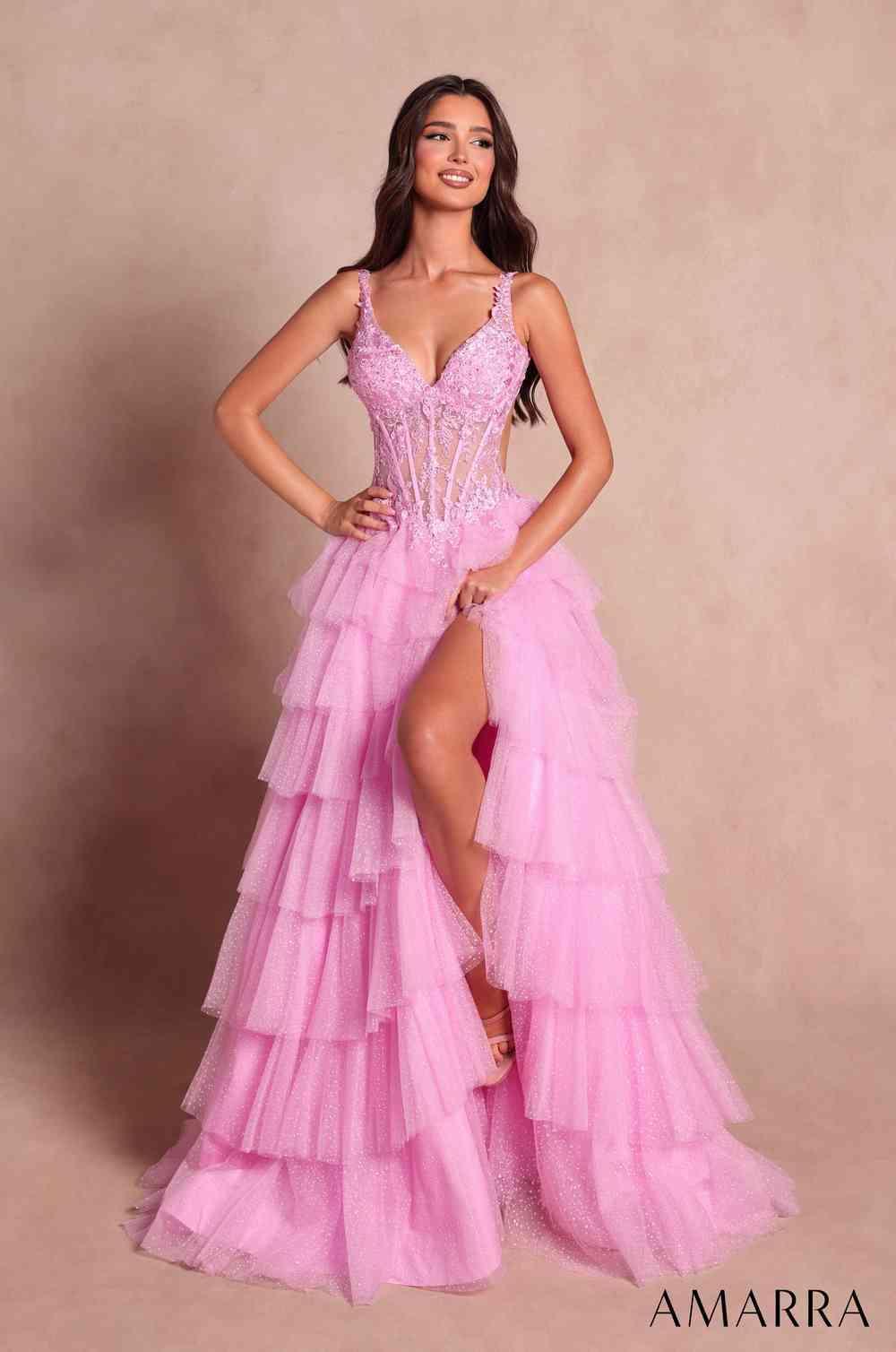 Amarra 89860 sheer corset appliqué bodice prom gown front view