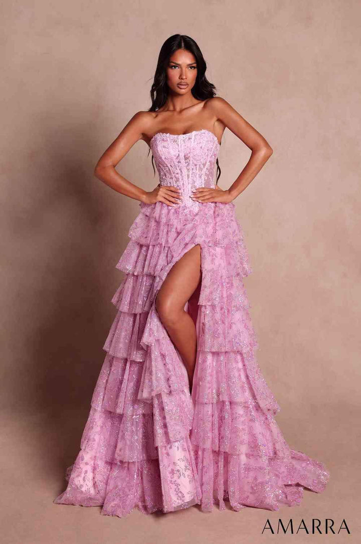 Amarra 89872 floral pattern tiered ball gown front view