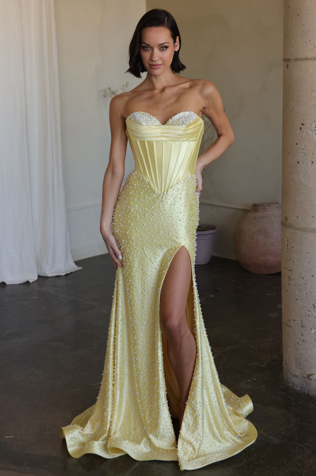 Ava Presley 42513 - Beaded Pearl Prom Dress Lace Up Back - FOSTANI.com