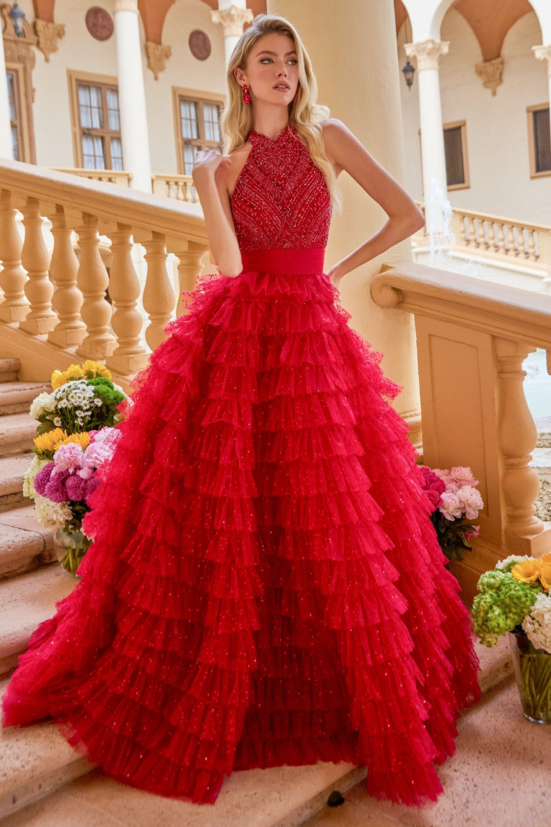 Ava Presley 47258 - Beaded Bodice Tiered Ball Gown - FOSTANI.com