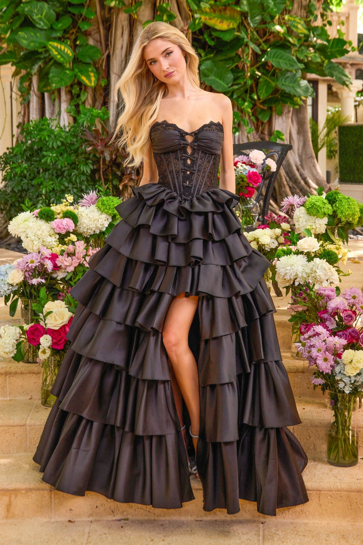 Ava Presley 47372 lace corset ruffle ball gown front view