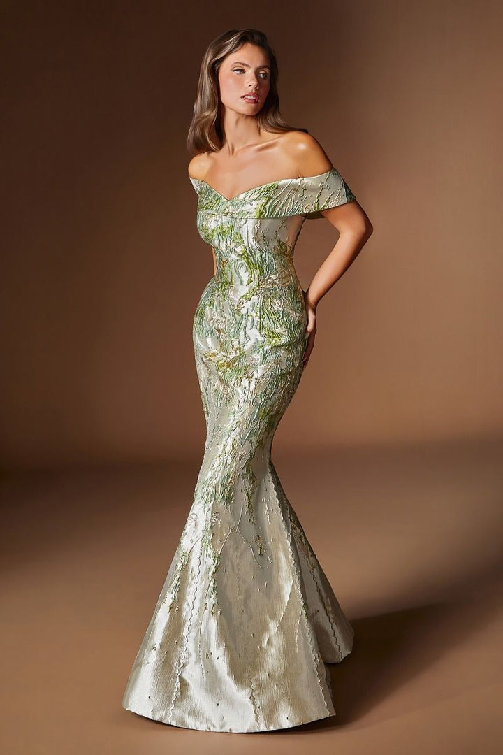 Ladivine CD0107 Off-Shoulder Textured Mermaid Gown with Fold-Over Neckline