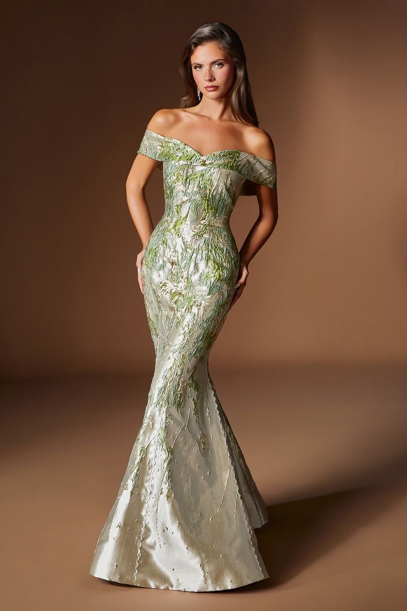 Ladivine CD0107 Off-Shoulder Textured Mermaid Gown with Fold-Over Neckline