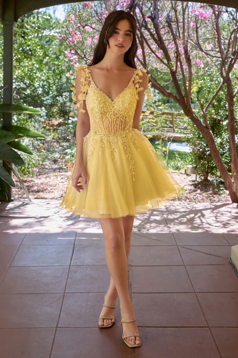 Ladivine CD0249 V-neck illusion corset short homecoming dress front view