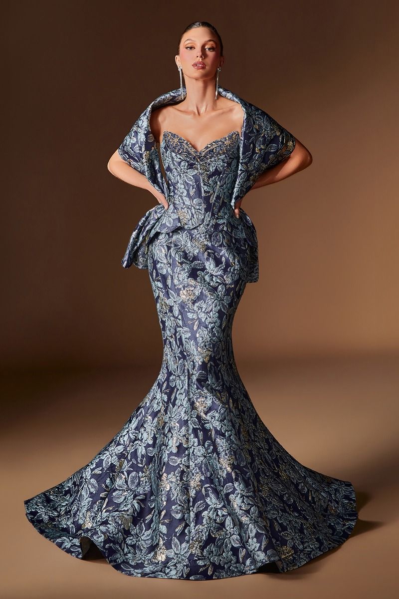 Ladivine CD655 Floral Jacquard Mermaid Gown with Matching Shawl