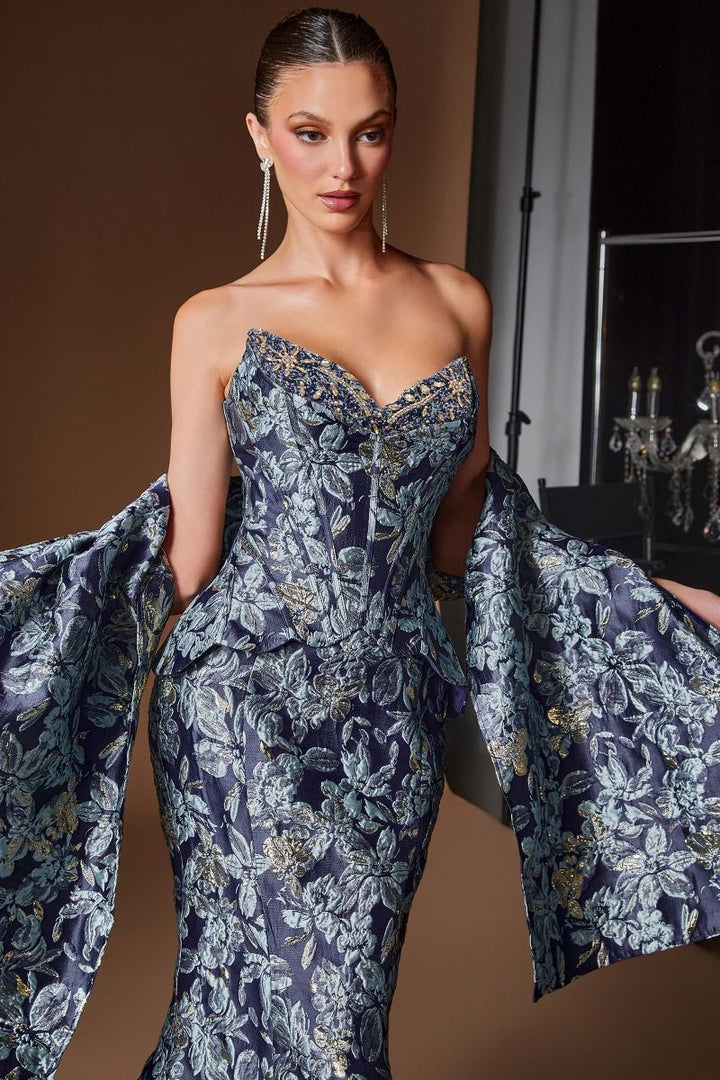 Ladivine CD655 Floral Jacquard Mermaid Gown with Matching Shawl